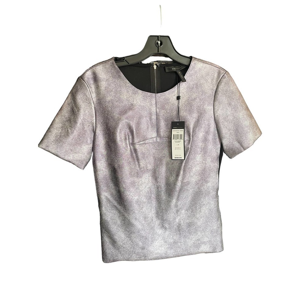 BCBG MAX AZRIA Faux Leather Silver Blossom Short Sleeve Tank Top Size S